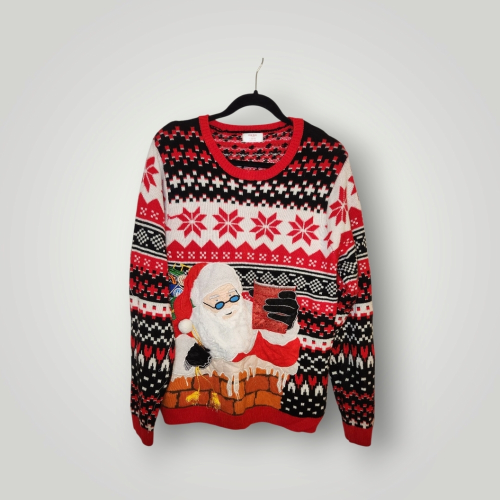 Holiday Time Men's Santa Drink Pocket Ugly Christmas Sweater  L 42 44
